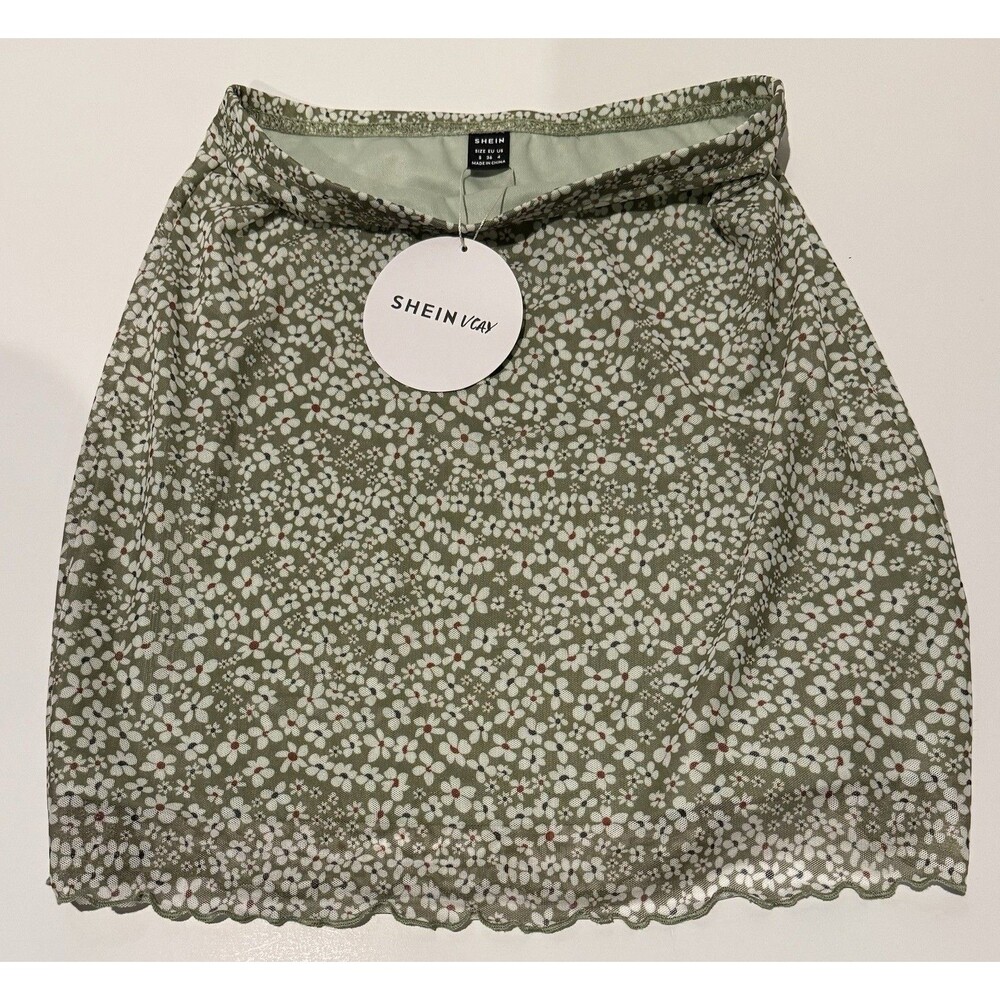 SHEIN Green Floral Sz Small Elastic Waist Stretchy Mini Skirt NEW w/tags